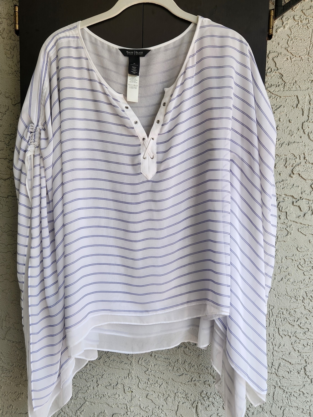 WHBM Beachwood Stripe Poncho Top Size Medium Lace Up Kimono Sleeve Coastal Boho